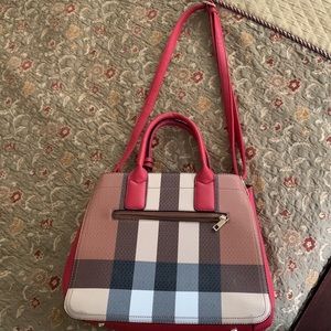 Red Plaid faux leather purse with should strap and red tassel